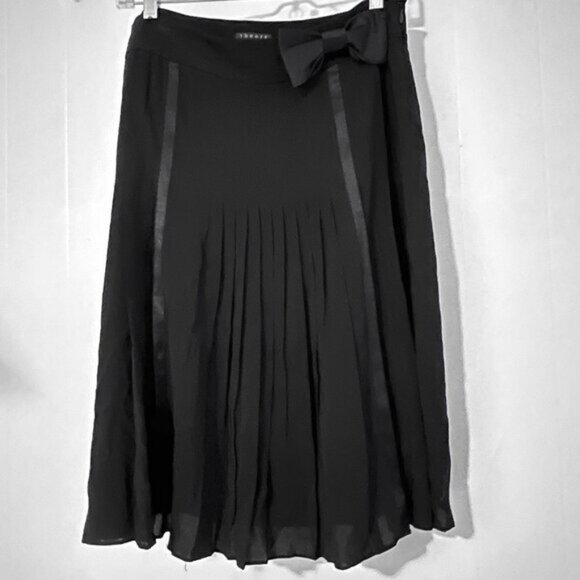 Theory Rima Charm Black Pleated Midi Skirt Bow Silk Viscose Party Workwear Sz 10 - Picture 5 of 12